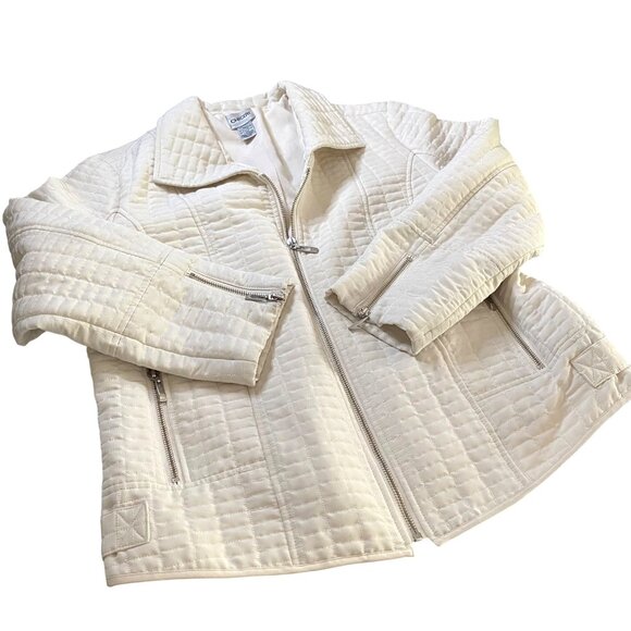 Chico's Ivory White Puffer Quilted Moto Jacket Women's M-12 Neutral Modern - Picture 3 of 11